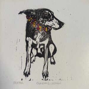 Framed ART Aloha Dog Print Art with Colorful lei Collar :titled “pepper”